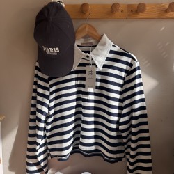 Cotton Striped Polo Top White/Navybue