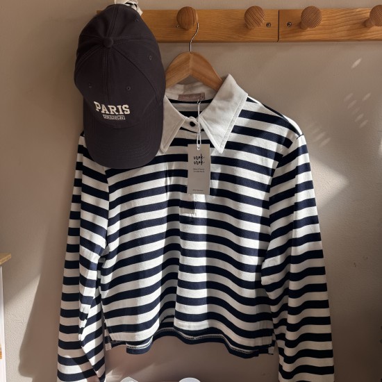 Cotton Striped Polo Top White/Navybue