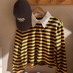 Cotton Striped Polo Top Yellow/Navyblue
