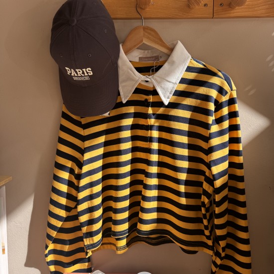 Cotton Striped Polo Top Yellow/Navyblue
