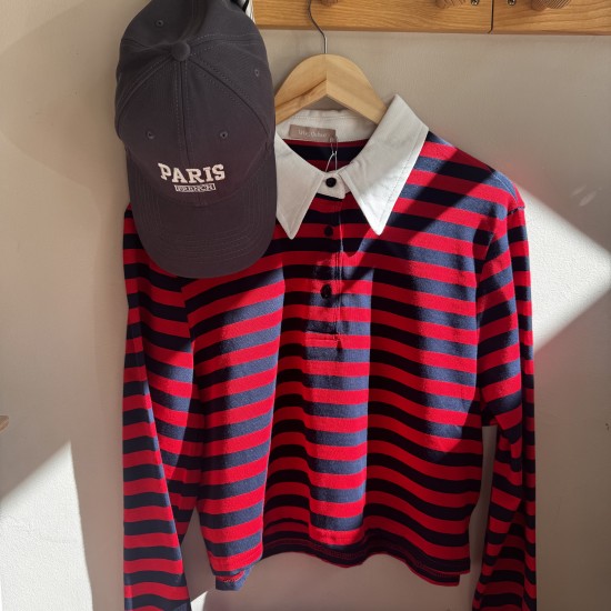 Cotton Striped Polo Top Red/Navybue