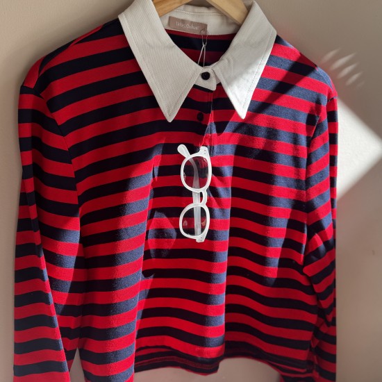 Cotton Striped Polo Top Red/Navybue
