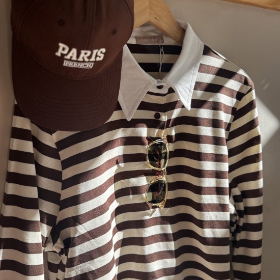 Cotton Striped Polo Top Coffee/Ecru
