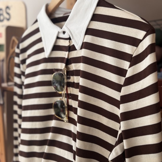 Cotton Striped Polo Top Coffee/Ecru