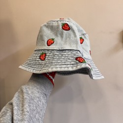 Bucket Hat Jeans blue  with emroidered strawberries 