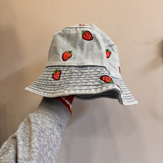 Bucket Hat Jeans blue  with emroidered strawberries 