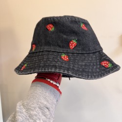 Bucket Hat Jeans black with emroidered strawberries 