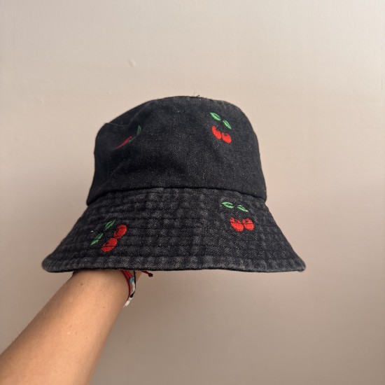 Bucket Hat Jeans black with emroidered cherries
