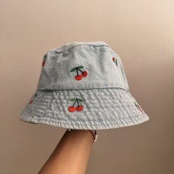 Bucket Hat Jeans light blue  with emroidered cherries