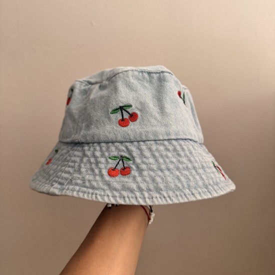 Bucket Hat Jeans light blue  with emroidered cherries