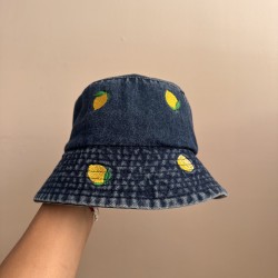 Bucket Hat Jeans blue denim with emroidered lemons