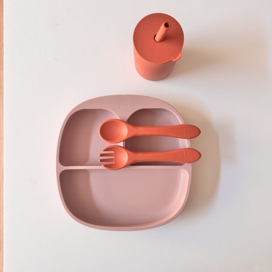 Baby Led Weaning Set Plate + Training Cup with straw + Spoon Mix pink/brick Baby Led Weaning Set Plate + Training Cup with straw + Spoon Mix pink/brick