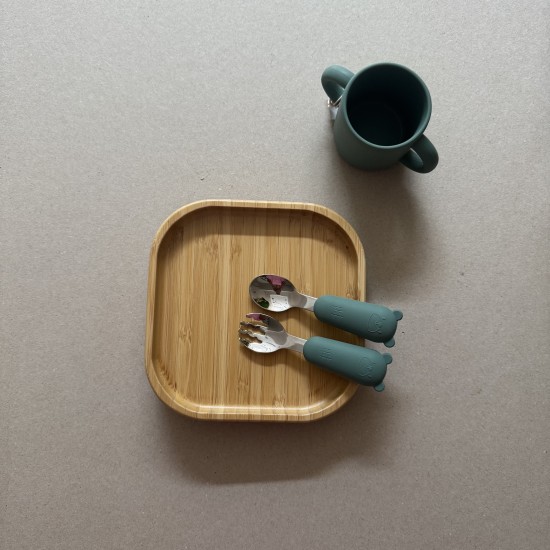 Toddler Bundle Bamboo Set Plate + Training Cup + Fork +Spoon Green Toddler Bundle Bamboo Set Plate + Training Cup + Fork +Spoon Green