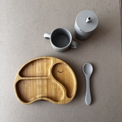Set Bamboo Suction Plate & Spoon + 2 Free Training Cups grey