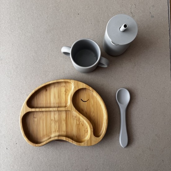 Set Bamboo Suction Plate & Spoon + 2 Free Training Cups grey Set Bamboo Suction Plate & Spoon + 2 Free Training Cups grey