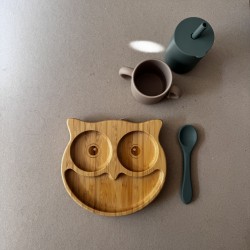 Set Bamboo Suction Plate & Spoon + 2 Free Training Cups green