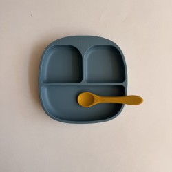 Baby Led Weaning Set Plate + Spoon Smoke Blue/curry