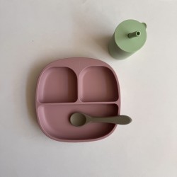 Baby Led Weaning Set Plate + Training Cup with straw  + Spoon Mix pink/sage/green Baby Led Weaning Set Plate + Training Cup with straw  + Spoon Mix pink/sage/green