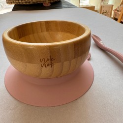 Eco-friendly  Bamboo Suction Bowl with spoon and spoon in light pink