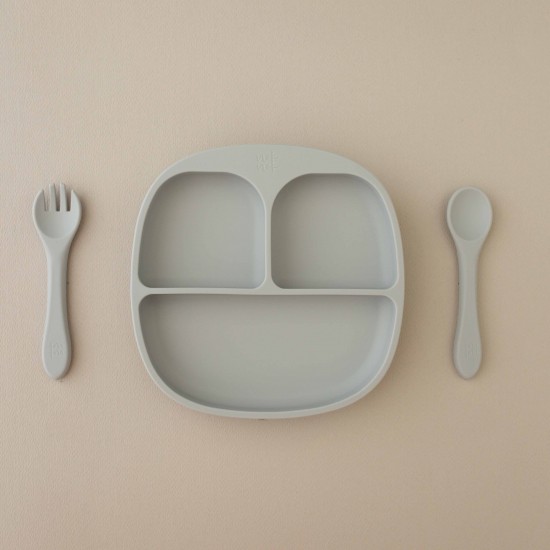 Mum I am hungry | Set Plate + Fork +Spoon Ice Grey