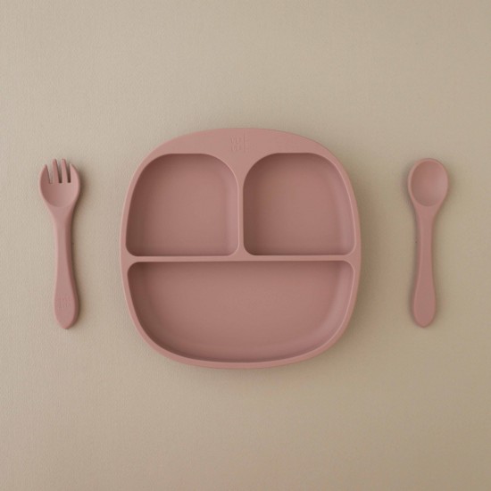 Mum I am hungry | Set Plate + Fork +Spoon Light pink