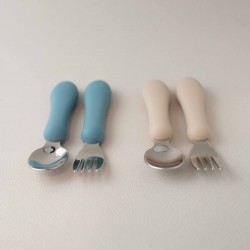 Set Silicone and Stainless Steel Spoon + Fork + Knife | Grew up 12m+ Set Silicone and Stainless Steel Spoon + Fork + Knife | Grew up 12m+