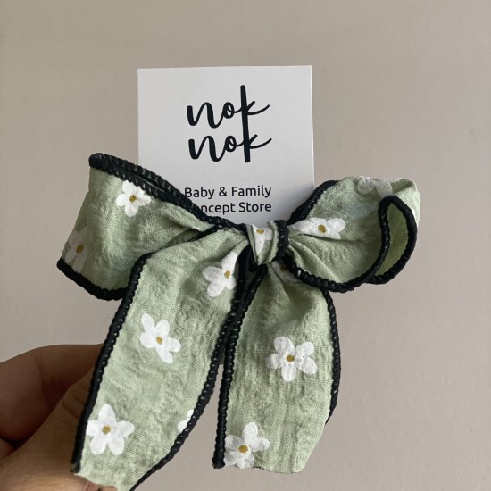 Hair Bow Clip sage with daisies