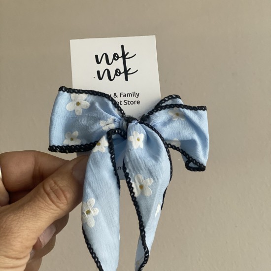 Hair Bow Clip baby blue with daisies