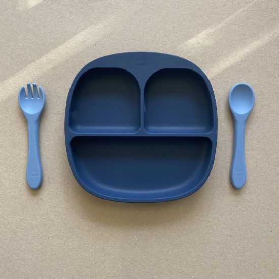 Mum I am hungry | Set Plate + Fork +Spoon Navy blue 