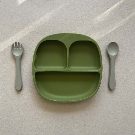 Mum I am hungry | Set Plate + Fork +Spoon Olive 
