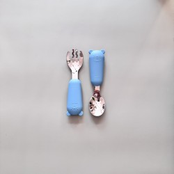 Set Silicone and Stainless Steel Spoon + Fork | I am big 6m+ sea blue Set Silicone and Stainless Steel Spoon + Fork | I am big 6m+ sea blue