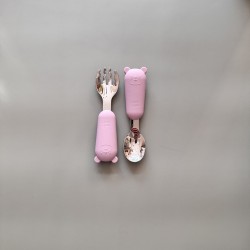 Set Silicone and Stainless Steel Spoon + Fork | I am big 6m+ light pink  Set Silicone and Stainless Steel Spoon + Fork | I am big 6m+ light pink
