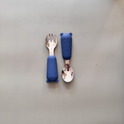 Set Silicone and Stainless Steel Spoon + Fork | I am big 6m+ navy blue Set Silicone and Stainless Steel Spoon + Fork | I am big 6m+ navy blue