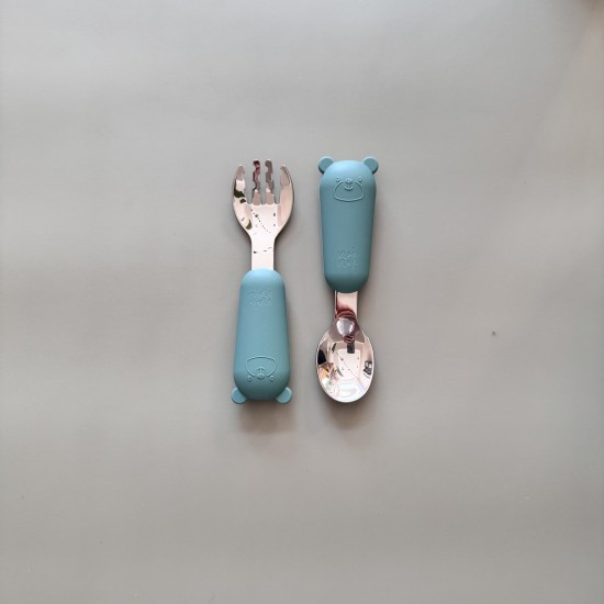 Set Silicone and Stainless Steel Spoon + Fork | I am big 6m+ forest green Set Silicone and Stainless Steel Spoon + Fork | I am big 6m+ forest green