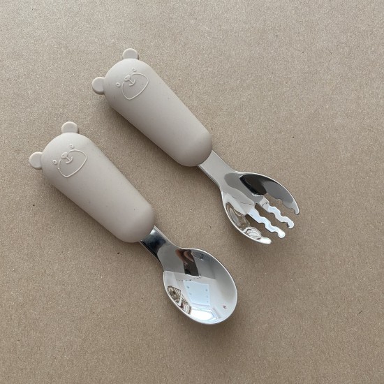 Set Silicone and Stainless Steel Spoon + Fork | I am big 6m+ sand Set Silicone and Stainless Steel Spoon + Fork | I am big 6m+ sand