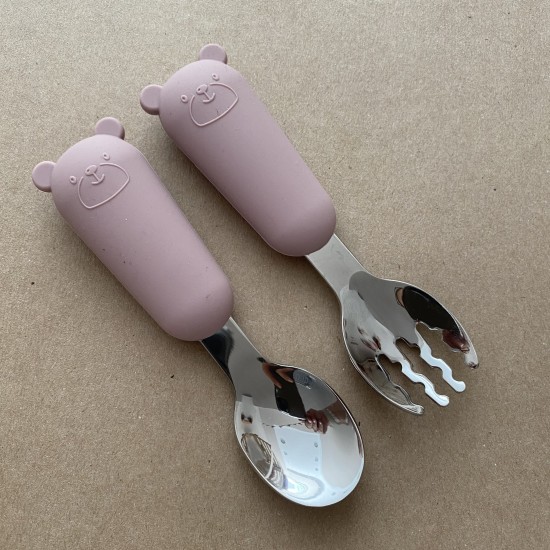 Set Silicone and Stainless Steel Spoon + Fork | I am big 6m+ light pink 