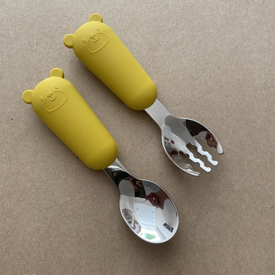 Set Silicone and Stainless Steel Spoon + Fork | I am big 6m+ curry Set Silicone and Stainless Steel Spoon + Fork | I am big 6m+ curry
