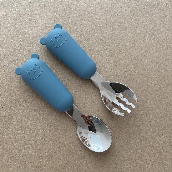 Set Silicone and Stainless Steel Spoon + Fork | I am big 6m+ smoke blue Set Silicone and Stainless Steel Spoon + Fork | I am big 6m+ smoke blue
