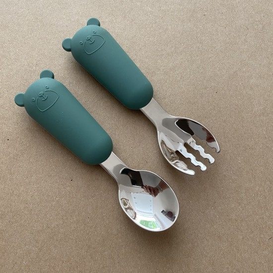 Set Silicone and Stainless Steel Spoon + Fork | I am big 6m+ forest green  Set Silicone and Stainless Steel Spoon + Fork | I am big 6m+ forest green