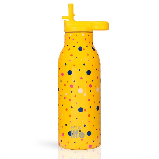 Ecolofe Dots In Yellow Thermos 550ml With Inner Straw 